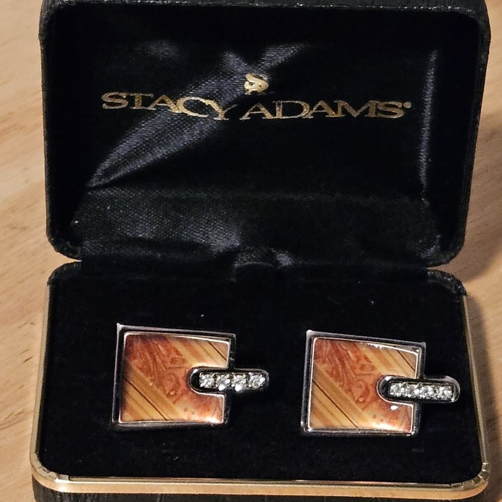 Vintage Stacy Adams Men's Cuff Links Orange Enamelware with Rhinestones   New